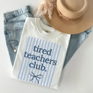 Comfort Colors Tired Teachers Club T-Shirt, Striped Teacher Tee, Funny Educator Tee, Preppy TShirt, Retro Trendy T-Shirt, Gift for Her