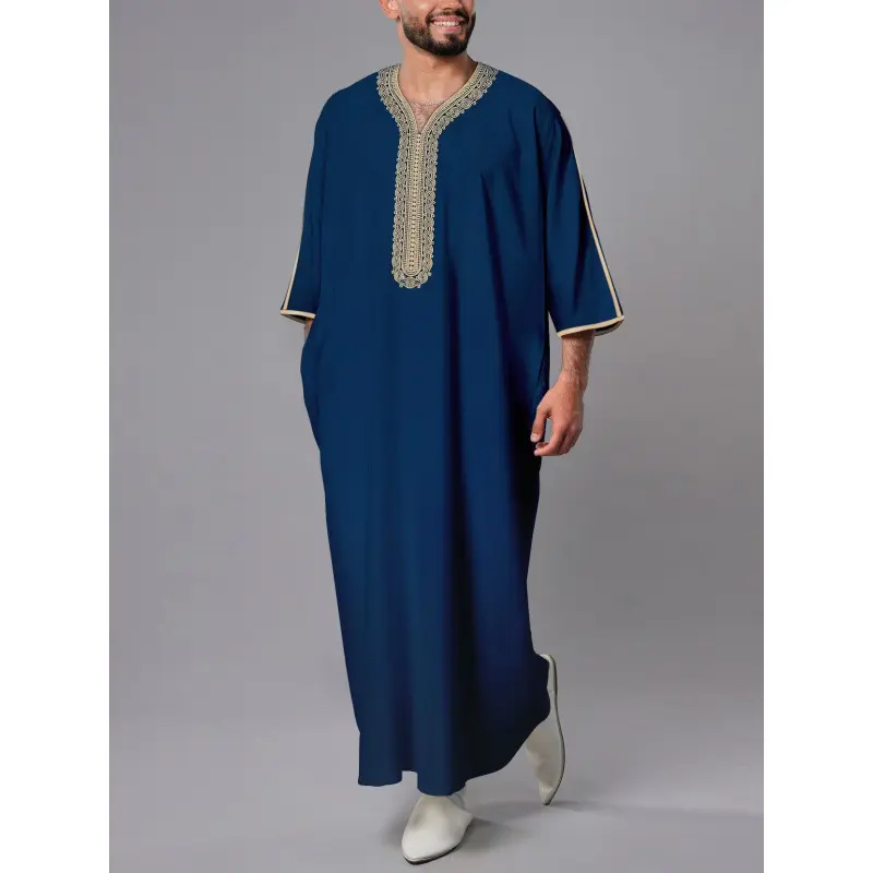 Moroccan Ethnic Style Men's Mid-Sleeve Embroidered Thobe with Side Pockets