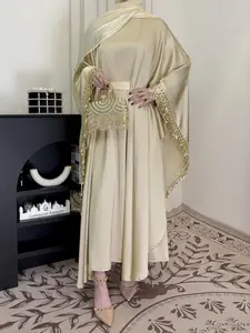 Elegant Luxury Tassel Hem Shawl Collar Dress Set, Solid Color Round Neck Long Robe, Fashionable Abaya for Women, Muslim Women Gowns