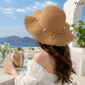 Wide Brim Sun Hat Scalloped Edge Pearl Accent Bow Detail Adjustable Summer Beach Protection for Women Girls Daily Sun Wear Gift