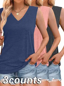 Women's Solid Color V Neck Tank Top, Casual Sleeveless Top for Summer, Ladies Clothes for Daily Wear