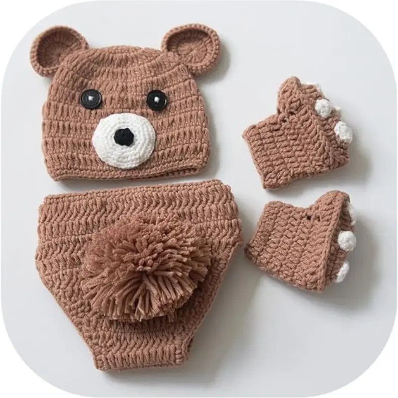 Newborn Photography Props Bear Outfit Photo Prop Bear Hat Diaper Cover Boots Baby Photoshoot Crochet Costume