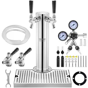 VEVOR Kegerator Tower Kit,  Dual Taps Beer Conversion Kit, Stainless Steel Keg Beer Tower Dispenser with Dual Gauge CGA320 Regulator & D-System Keg Coupler, Beer Drip Tray for Party Home