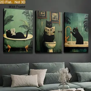 3PCS/Set Fun Cat Bathroom Wall Art, Modern Vintage Bohemian Style, Indoor Canvas Poster, Vertical Framed Animal, Suitable for Living Room, Bedroom, Spring And Summer Decoration, Wooden Frame