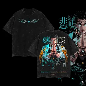 Japanese Anime-Style Vintage Distressed Black Graphic T-Shirt — Oversized Loose-Fit Short Sleeve — Unisex Streetwear Top