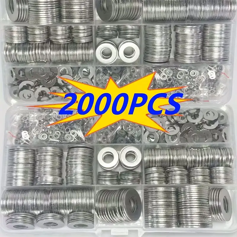 2000 pcs 304 Stainless Steel Flat Washer Assortment Kit, M2–M12 Metric Sizes (M2.5/M3/M4/M5/M6/M8/M10/M12), Durable Heavy-Duty Polished Washers for Home, Construction, Automotive and Marine Use, Corrosion-Resistant