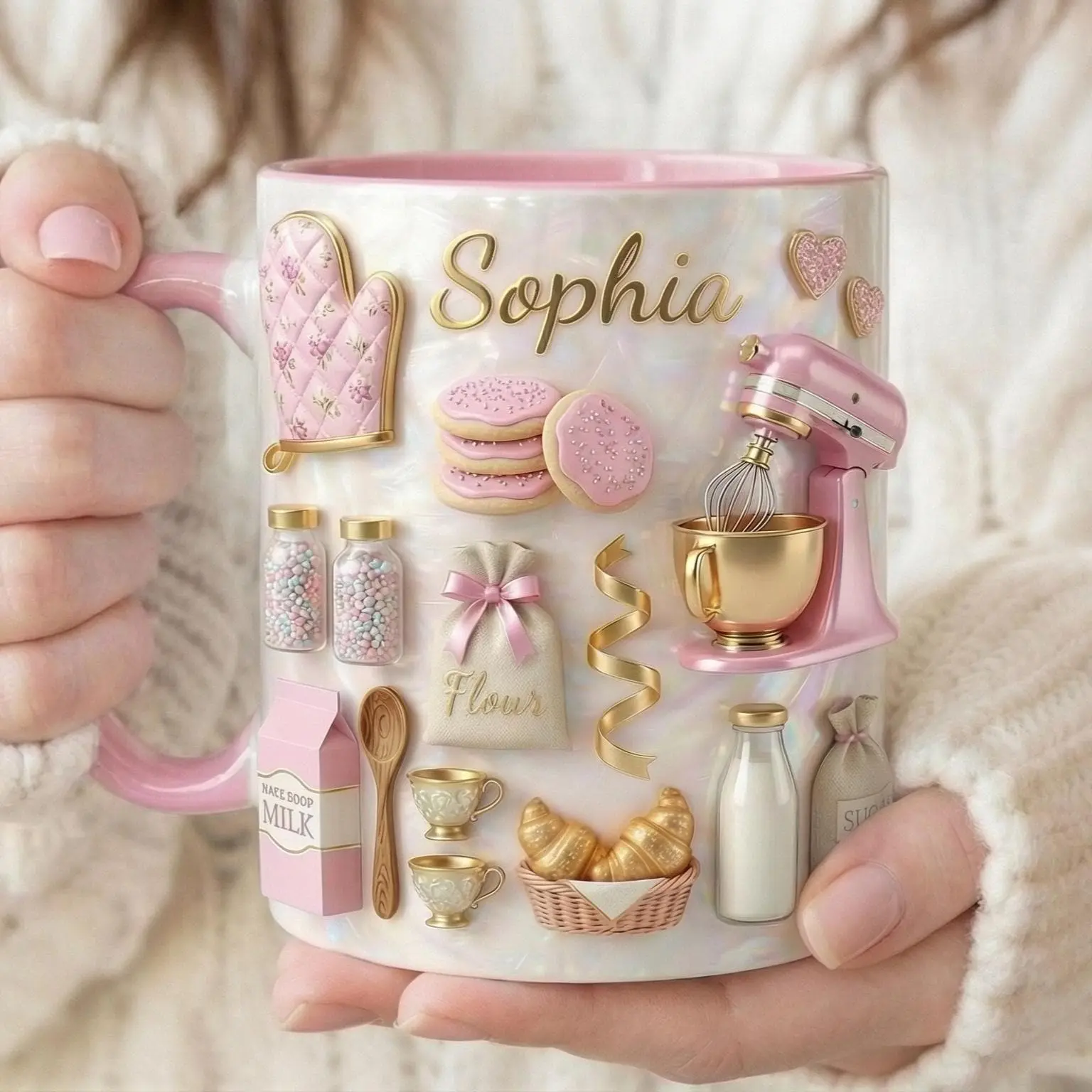 Custom Name Baking Accent Mug 2D Printed 3D Effect Coffee Cup, Love Cakes Design Ceramic Mug for Bakers Baking Moms, Cute Kitchen Keepsake, Sweet Gift Idea for Mother’s Day Birthday Appreciation Present