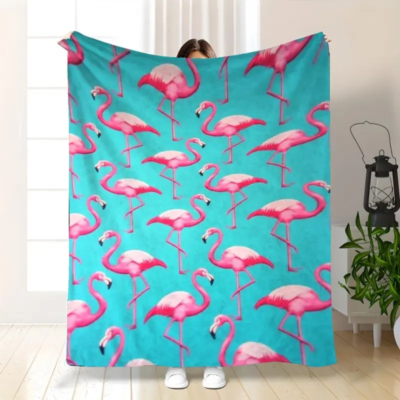 1Pc Glam Pink Flamingo Flannel Fabric Blanket - Soft Lightweight Bedspread & Sofa Throw, All Seasons Cozy Bedding, Travel Companion, Machine Washable Room Decor, Valentine Gift