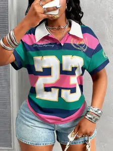2026TikTok Viral Y2K Striped Polo Shirt | Retro Color Block 23 Print, Breathable Mesh Fabric, Oversized Fit for Casual & Streetwear OOTD, Perfect for Gen Z!