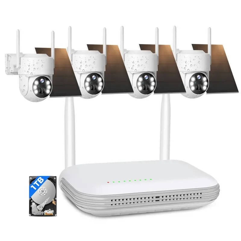 4MP Wireless Solar Camera System Outdoor, Home Battery Camera, 【No Monthly Fee】, Pan Tilt 360° View, PIR Motion Detection, Color Night Vision, IP66, 2-Way Audio