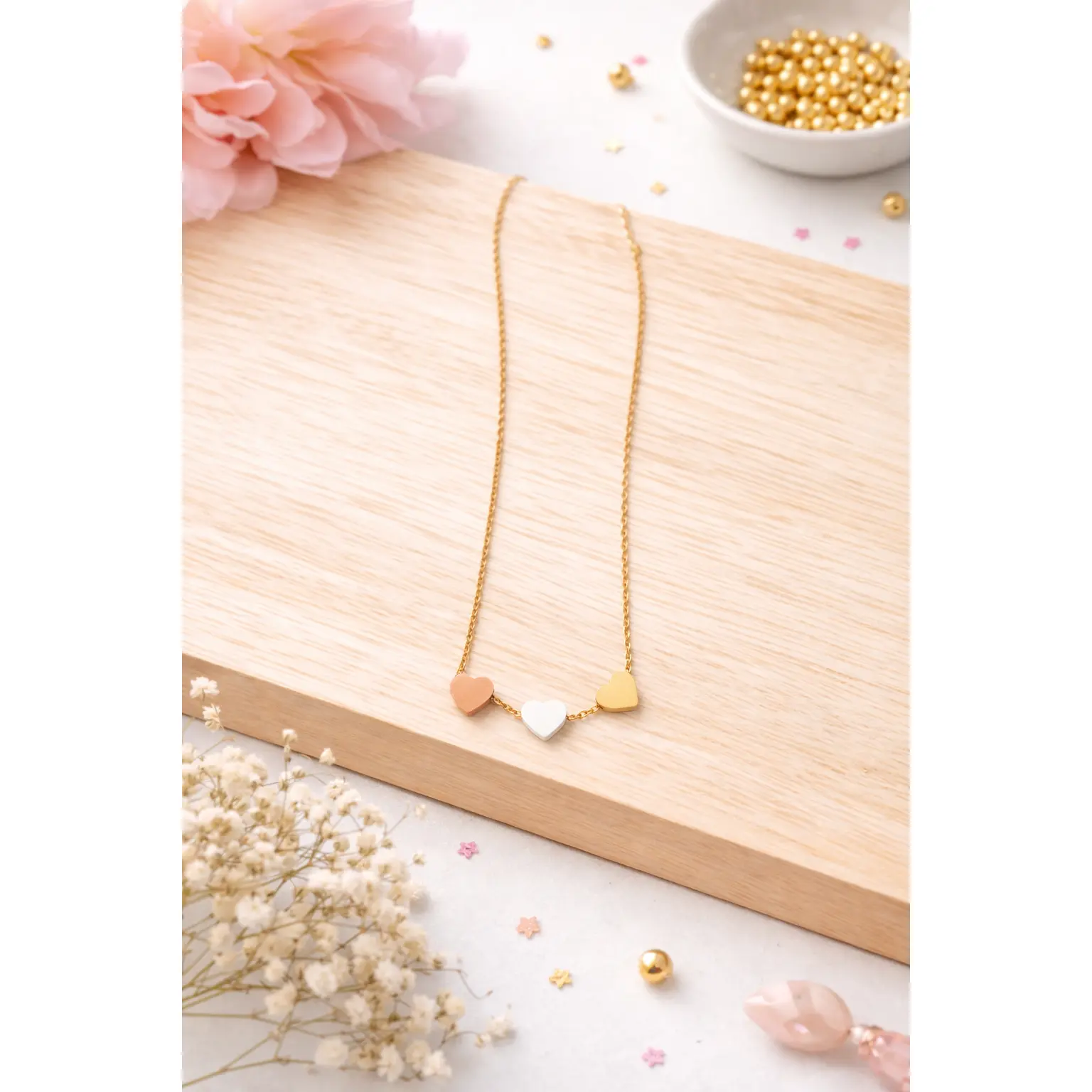 Stainless Steel Triple Heart Gold Necklace