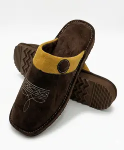 Western Boot Stitch Suede Slippers – All Season Square Toe Cozy House Shoes for Men & Women, Indoor Outdoor