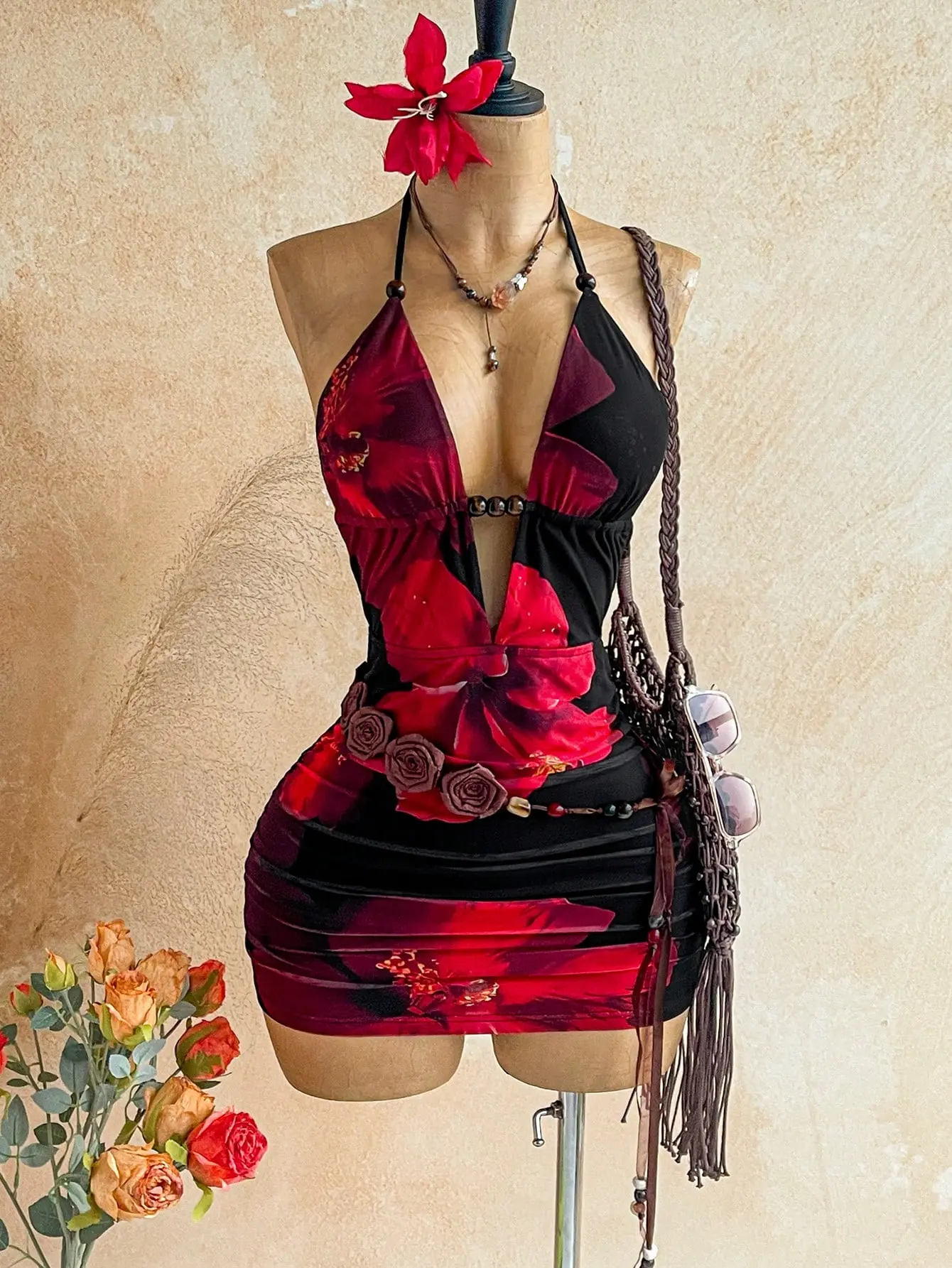 Women’s Black Floral Print Halter Mini Dress – Deep V Backless Ruched Bodycon Boho Summer Beach Vacation Party Dress