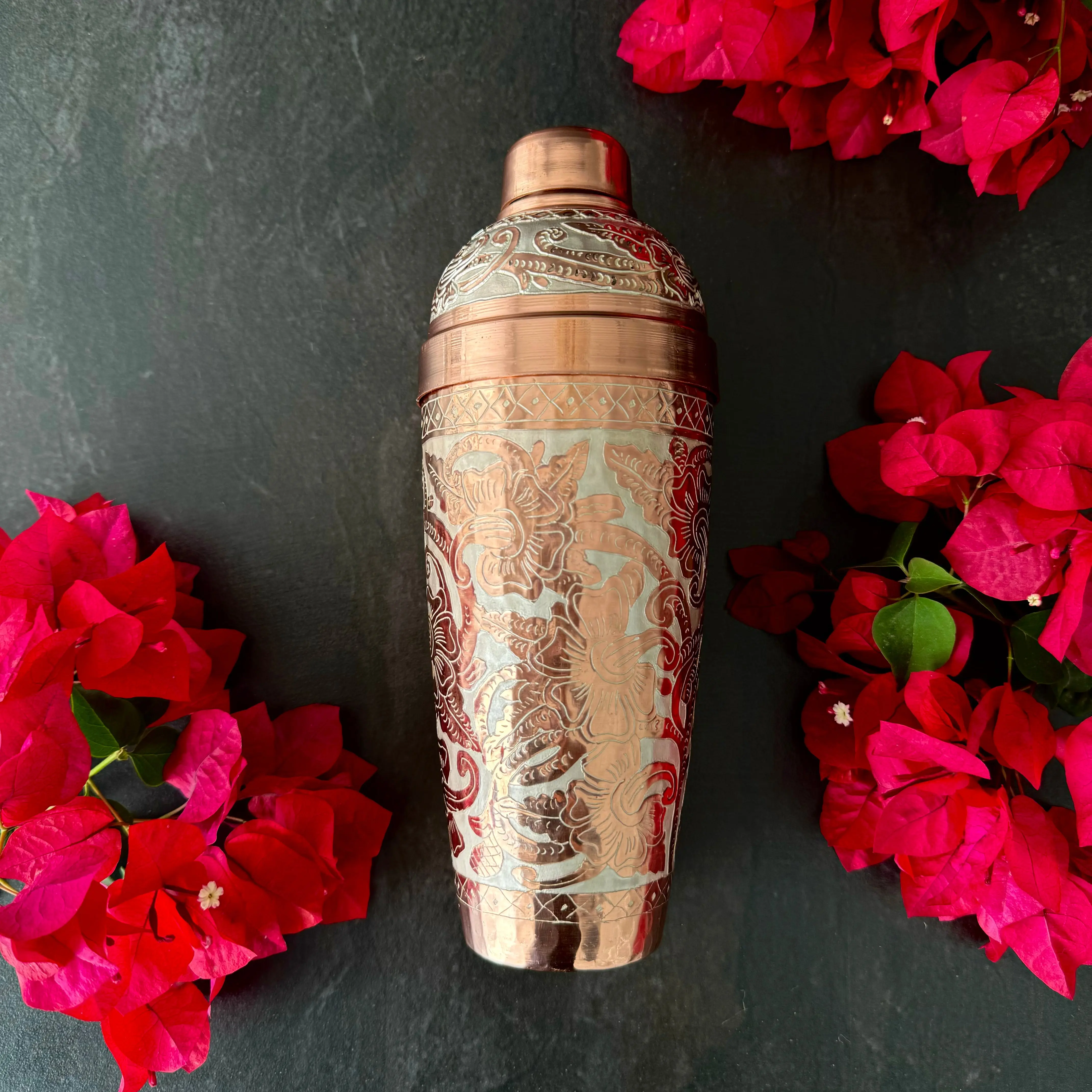 Mexican Handmade Copper 24 oz. Cobbler Shaker- Silver Flowers Set Utensils