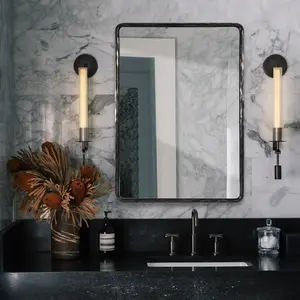 Hand-Forged Black Bathroom Mirrors for Wall, 22x30 Inch Vintage Solid Steel Metal Frame Bathroom Vanity Mirror, Antique Rounded Rectangle Wall Mirror, Hangs Horizontally or Vertically