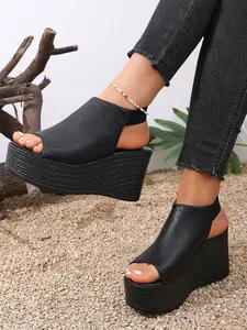 Summer New Women's Open Toe Elastic Strap Platform Wedge Sandals, Anti-Slip Casual Daily Commute Shoes, Versatile Comfortable Ladies Footwear