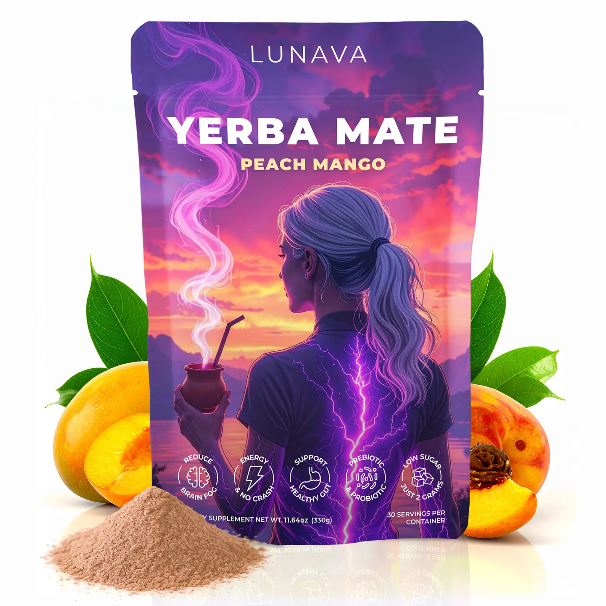 Yerba Mate Instant Tea Powder Peach Mango Nootropic Blend with Lion's Mane L-Theanine & Probiotics for Clean Energy Magic Focus & Gut Health Low Sugar 30 Servings