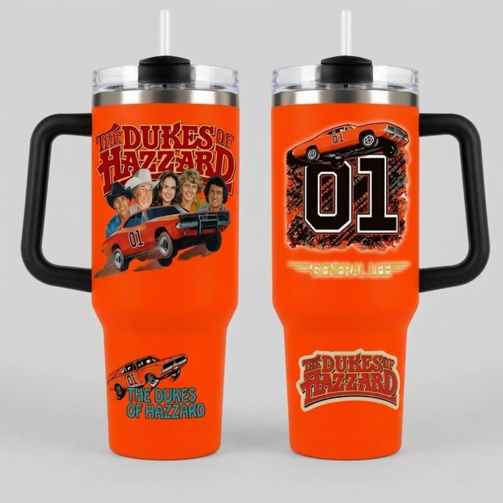 The Dkes of Hazz@d General Lee 01 Tumbler, 20oz/40oz With Handle, Orange Classic TV Show Fan Cup, Retro Car Cast Graphic, Vintage Americana Gift, Drinkware Water Bottle, Straw Not Included