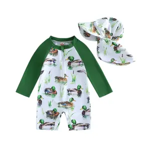 Babamoon Kids Toddler Baby Boy Swimsuit Set Mallard Duck Print Long Sleeve Round Neck Jumpsuit and Hat Swimsuit Set for Pool Beach 3M-4Y