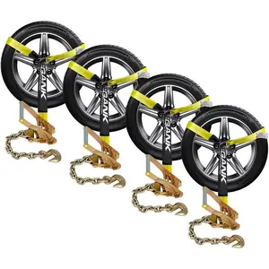 Tie Down Straps (4 Pack) for  with Heavy Duty Chain Anchors - 2" x 96" Lasso Style Wheel Straps - 3,300lbs Safe Working Load - Includes 4 Ratchet and 4 Tire Straps