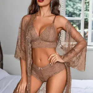 Women's Alluring 3-Piece Lingerie Collection Brassiere and Brief Set featuring Lace Wrap Robe Sleepwear Sheer Night Dress Perfect for Special Occasions and Regular Wear summerwins