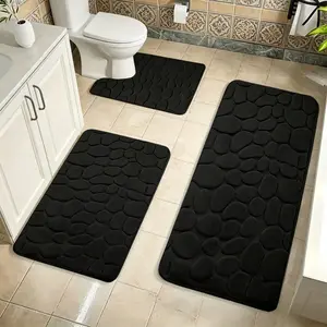 3 Piece Black Bathroom Rugs Set, Cobblestone Embossed Memory Foam Bath Mats, Non Slip Washable Polyester U-Shaped Toilet Rug, Absorbent Soft Shower Floor Mats, Farmhouse Bathroom Decor Accessories