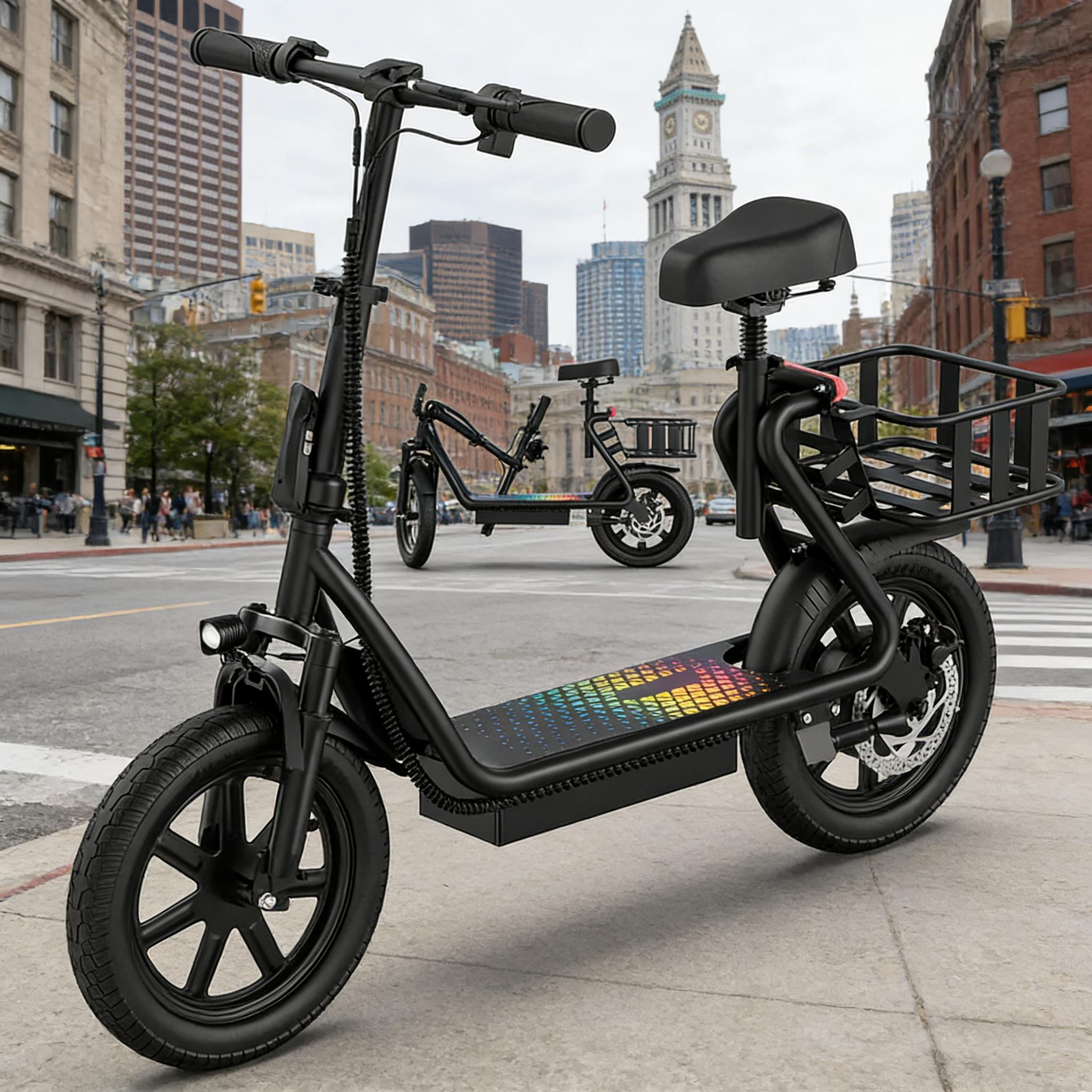 Electric Scooter for Adults with Seat,48V 10.4Ah Battery, Top Speed 22 mph, Driving Range 21-27 Miles, Pet-Friendly Design with Rear Basket