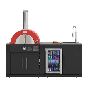 KoolMore Reserve 79 in. Outdoor Kitchen Island with 22 in. Gas and Wood-Fired Pizza Oven, Sink, and Refrigerator in Black Stainless (KM-OKS-P4679)