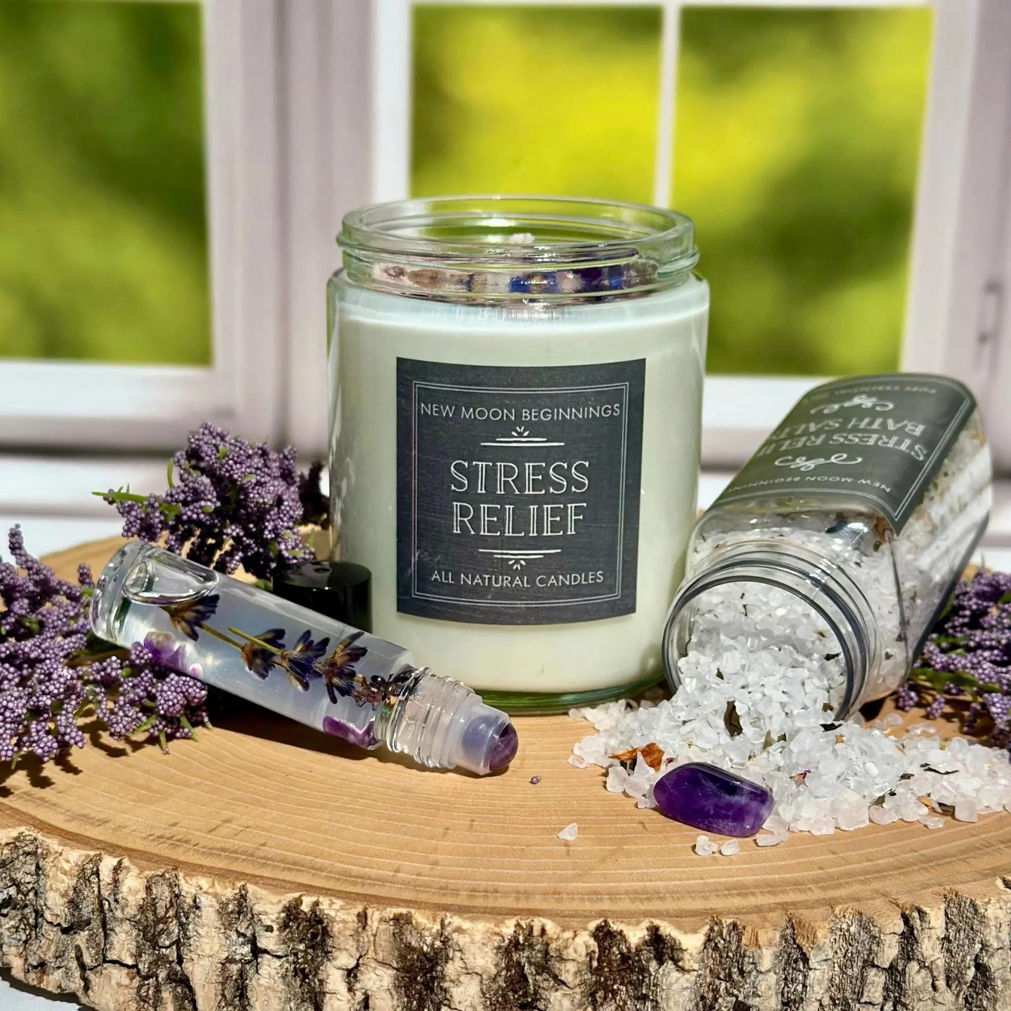 Stress Relief Gift Box by New Moon Beginnings - Curated Aromatherapy Box - Handmade Crystal Candle, Oil Roller, Bath Salts - All Natural