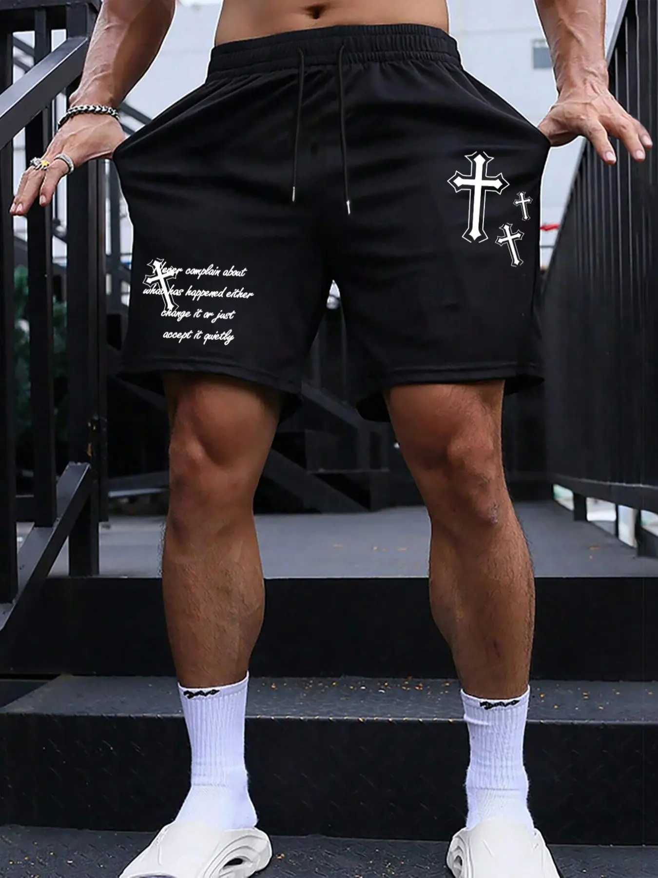 Men's Letter, Cross & Graphic Print Drawstring Waist Track Shorts, Casual Regular Fit Pocket Elastic Waist Shorts for Summer, Mens Bottoms for Daily Wear, Soft Shorts, Lightweight Home Wear Loungewear