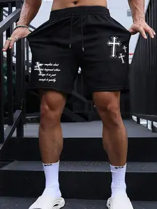 Men's  Letter & Cross Print Drawstring Waist Track Shorts, Casual Regular Fit Pocket Elastic Waist Shorts for Summer, Mens Bottoms for Daily Wear, Soft Shorts