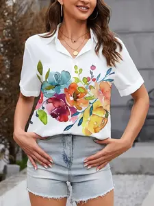 2026 Women's Summer New Watercolor Floral Print Short Sleeve Shirt, Loose Fit Slimming Casual Blouse, H-Type Silhouette
