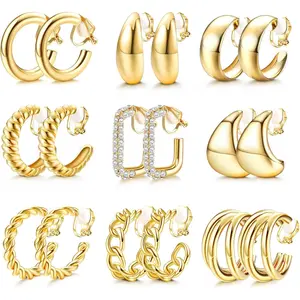 YADOCA 9 Pairs Gold Clip on Earrings for Women Gold Plated Waterdrop Chunky Clip on Hoop Earrings No Piercing Fake Earrings Set