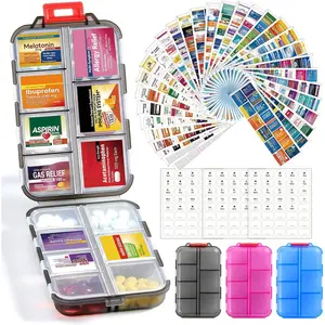 3 Pack 14 Grids Travel Pill Organizer Box with Medicine Name Labels - Pocket Daily Pharmacy Case Container Kit - Travel Medication Holder Dispenser for Fish Oil Vitamin Supplement Storage