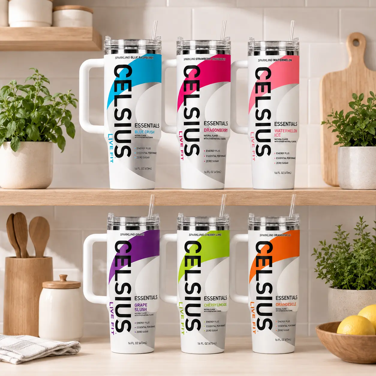Celsius Energy Drink Inspired 40Oz Tumbler With Handle & Straw, Colorful Fitness Travel Cup, Insulated Stainless Steel Mug, Gym Workout Gift, Hydration Drinkware