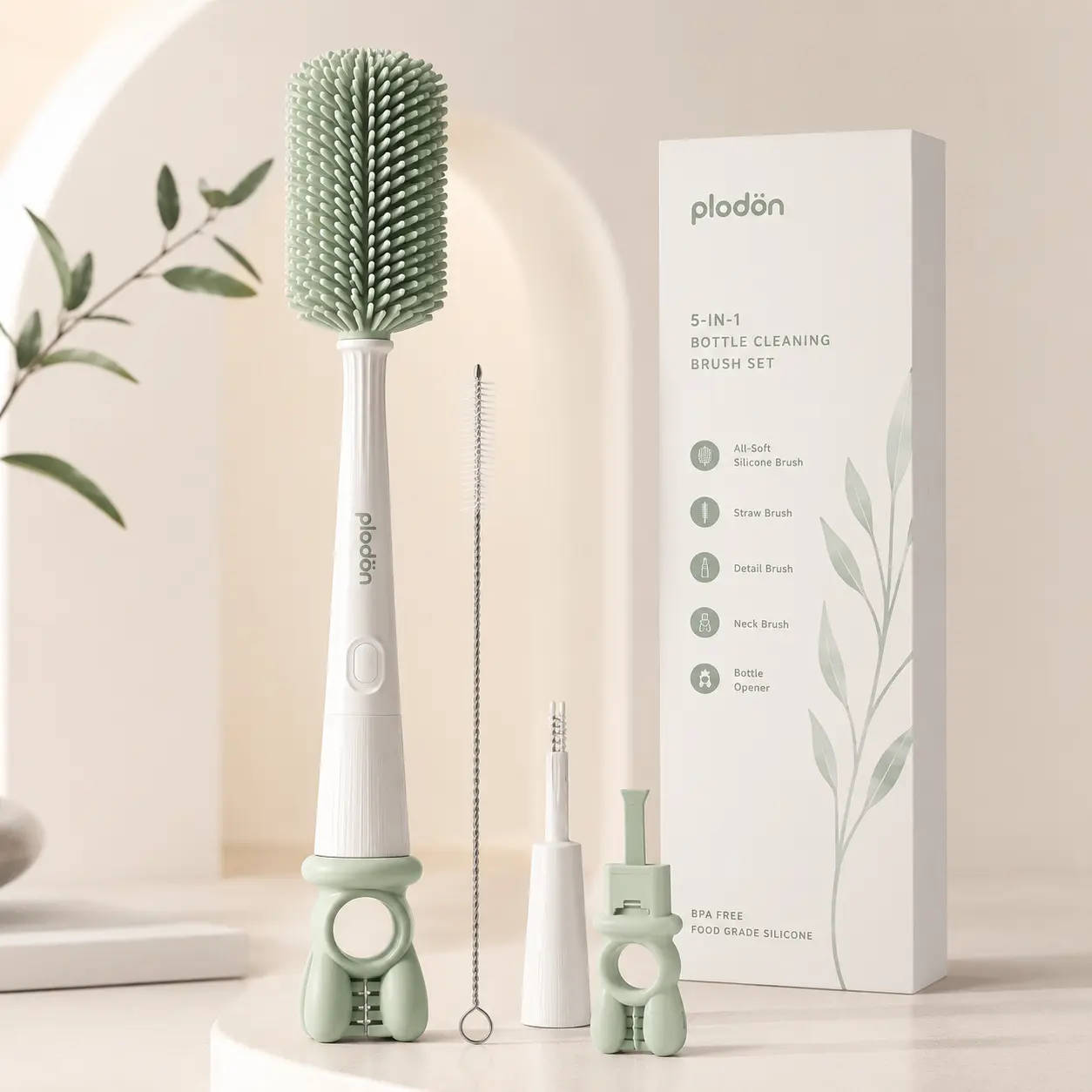 Plodon 5-in-1 Silicone Baby Bottle Cleaning Brush Set, BPA-Free Bottle Brush with Straw Brush, Nipple & Detail Cleaner, Long-Handle Portable Scrubber for Water Bottles, Sippy Cups & Newborn Feeding Accessories, Green