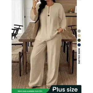 New spring and summer plus-size women’s casual breathable long-sleeve shirt and loose pants two-piece set, comfortable and fashionable GARMENTARY