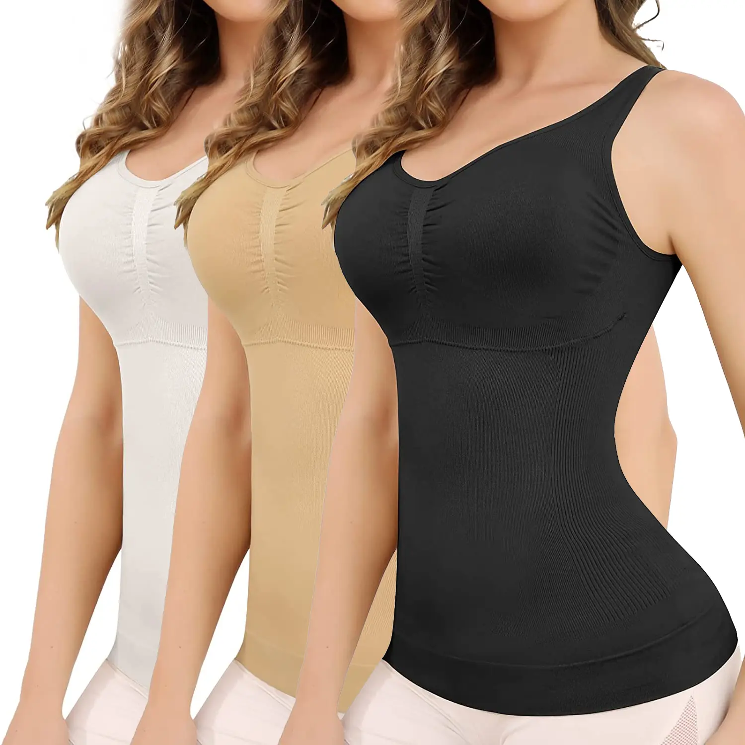 Women's Basic Round Neck Lightweight Shapewear Tank Top - Built-in Bra, Tummy Control, Comfort Padded Cami Underwear (2XL)
