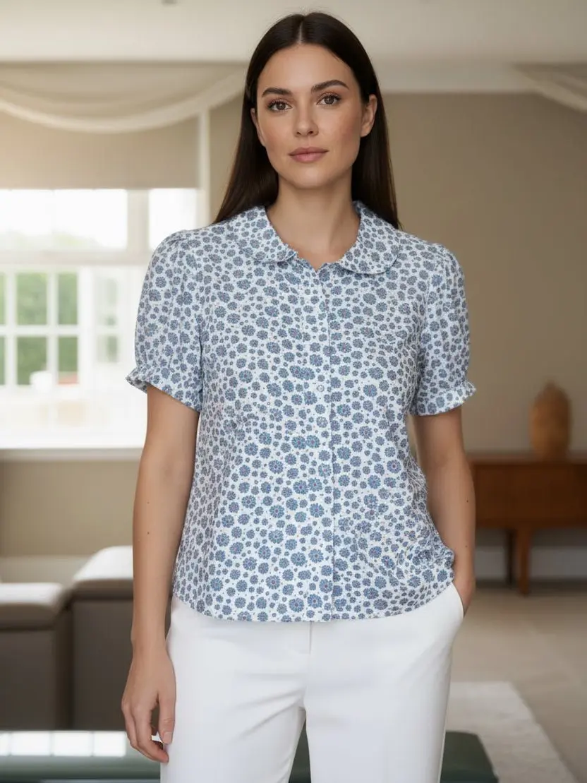 Flowers Puff Sleeve Top - Round Neck Short Puffy Sleeves Hidden Buttons Front 100% Polyester Machine Washable Fashion Women's Blouse