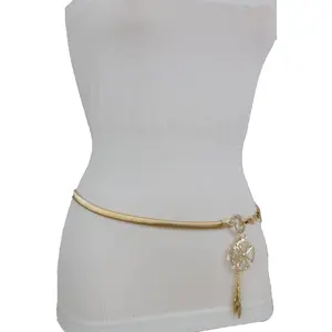 TFJ Women Fashion Skinny Belt Hip Waist Elastic Gold Metal Flower Buckle Size S M L