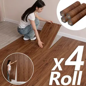 4 Rolls Peel and Stick Wood Grain Floor Tiles - Waterproof, Extra Thick, Removable Vinyl Flooring for Quick Room Renovation, No Damage, Easy Install for Bedroom, Kitchen & Bathroom