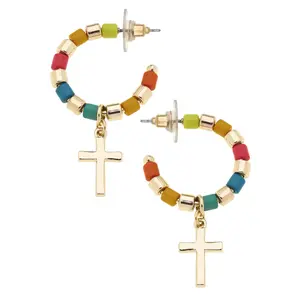 Elizabeth Enamel Tile Beaded Cross Drop Hoop Earrings