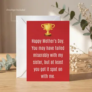 Funny Trophy Mother's Day Card, Humorous Greeting Card With Envelope, Blank Inside Cardstock Card For Mom