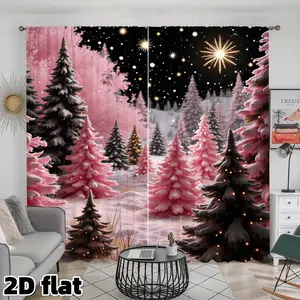 2D Flat 2Pcs Pink Christmas Tree Window Curtains Starry Night Forest Scene Semi Sunshade Polyester Fabric Rod Pocket Panel Thermal Insulated Room Darkening Decor Suitable for Living Bedroom Treatment Home Decoration Curtain