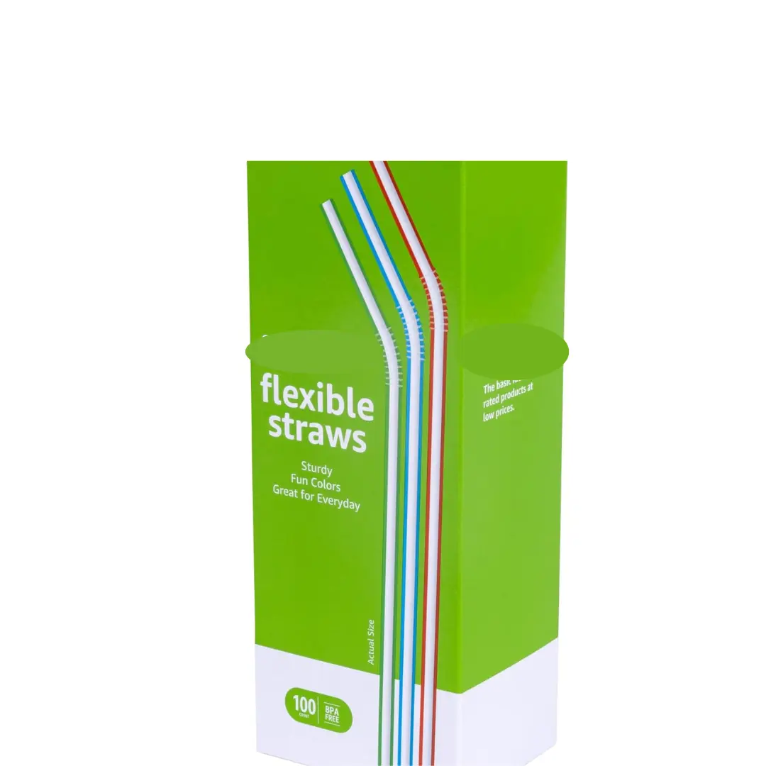 100 Count, Large Pack Disposable Striped Plastic Flex Straws, 7.5" Long, Assorted Colors,