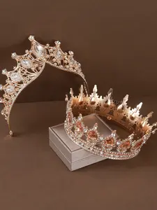 2 Piece Champagne Rhinestone Alloy Crown Set, Elegant Princess Style, Perfect for Wedding, Birthday, Adult Ceremony, Fashion Show, Party Accessories