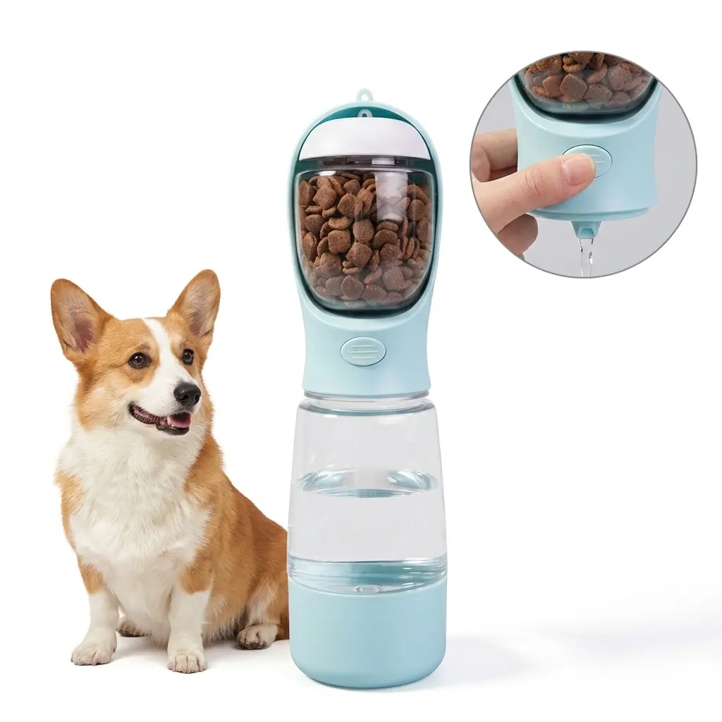 3-in-1 Dog Water Bottle for Walking - BPA-Free Portable Pet Water & Food Dispenser with Acrylonitrile Butadiene Styrene (ABS), Polycarbonate (PC), Built-in Filtration, Lock Seal Leak-Proof Feeder, Poop Bag Holder for Outdoor Travel, Hiking