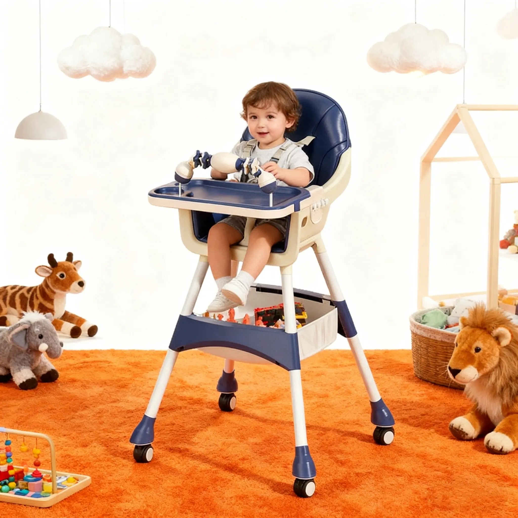 Nawahev Unisex Multifunctional High Chair for Babies and Toddlers (12-80 Months, Infancy to Toddlerhood), 2-in-1 Portable Convertible Easy-to-Clean Chair with Detachable Double Trays, Cotton Fabric, Smooth Surface, Rolling Base with Toy Basket, Blue