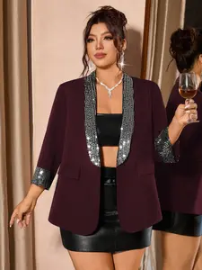 Plus Size Deep Sequined Loose Fit Blazer Jacket, Womenswear, Party & Evening Wear, Casual Plain Design, Fall & Winter Fashion