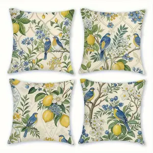 4pcs, Lemon Themed Throw Pillow Covers, Lemon Bird Pattern Design, Rustic Style, Suitable for Living Room, Bedroom, Sofa, or Bed Decor, 2D Flat, Single Sided Printing, No Pillow Core